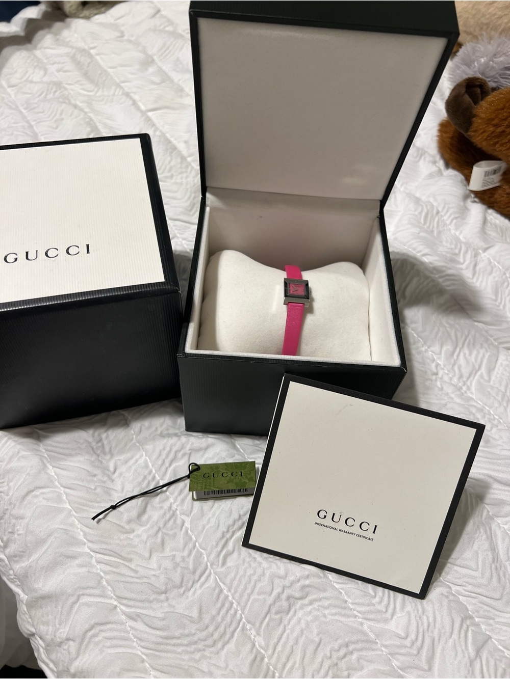 Gucci Square Dial Watch with Bright Pink Leather Strap